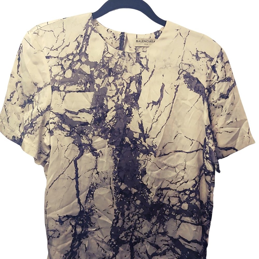 Balenciaga Cream and Black Marble-Print Short-Sleeve Silk Blouse